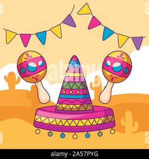 Mexican Hat mit Maraca und Wüste im Hintergrund Stock Vektor