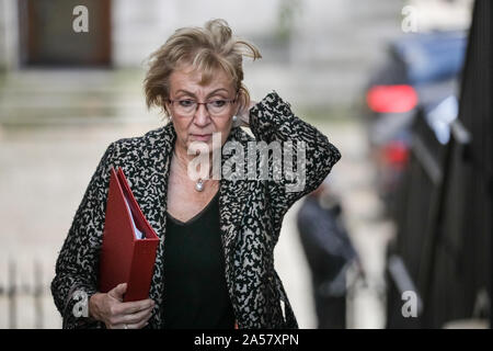 Westminster, London, Großbritannien. Okt, 2019 18. Andrea Leadsom, MP, Staatssekretär für Wirtschaft, Energie und industrielle Strategie. Die Minister nehmen an einer Kabinettssitzung in Downing Street, am Tag nach dem Premierminister Boris Johnson hat ein Abkommen mit der Europäischen Union erreicht, und einen Tag vor dem Parlament ist auf den Deal Credit: Imageplotter/Alamy Leben Nachrichten zu stimmen Stockfoto