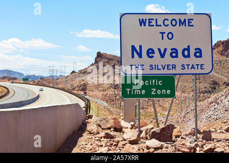 Nevada Willkommen Schild in der Nähe der Hoover Dam, Nevada, USA Stockfoto