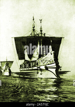 1930er Jahre Reproduktionen von zwei römischen Galeeren, eine trireme (3 tier Deck in der Regel mit 180 Ruderer) und einer bireme (2 Tier) - beide mit Rudern und einen Widder. Stockfoto