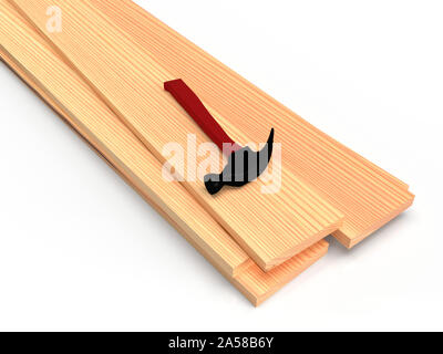 Hammer mit Holzgriff. Werkzeug des Zimmermanns auf Holzplatten. 3D-Rendering Stockfoto