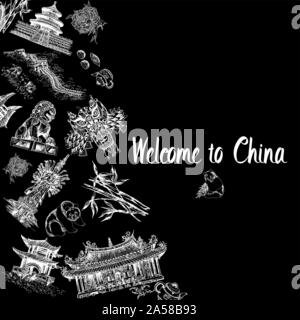 Poster Karte Zusammensetzung von China ähnliche Objekte auf schwarzem Hintergrund isoliert. Vector Illustration. Stock Vektor