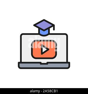 Laptop mit der Play-Taste Educational Video, online learning Flachbild Color Line Symbol Stock Vektor