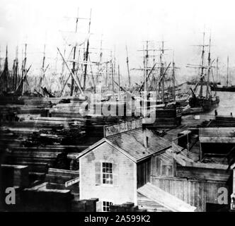 Geschichte Kaliforniens - Pier Nr. 11. Der Mendocino Holzplatz, San Francisco Ca. 1866 Stockfoto