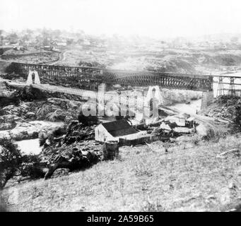 Geschichte Kaliforniens - die Eisenbahn und Hängebrücken, Folsom, Sacramento County Ca. 1866 Stockfoto