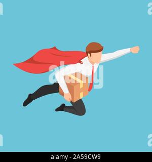 Wohnung 3 d Isometrische super Geschäftsmann schnelles Fliegen bis zur Auslieferung an den Kunden. Schnelle Lieferung Service Konzept. Stock Vektor