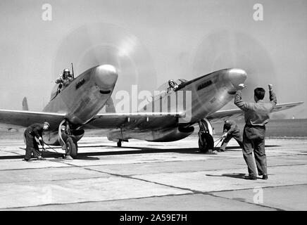 Pilot William Swann, rechts Cockpit, bereitet die North American XF-82 Twin Mustang für Flug bei der Nationalen Beratenden Ausschuss für die Luft- und Raumfahrt (NACA) Lewis Flugantriebe Labor. Stockfoto