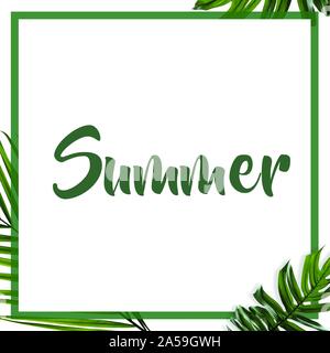 Im Sommer Palm Blätter banner weißer Hintergrund Vorlage mit grünen Grenze Stock Vektor