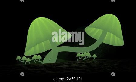 3D-Illustration, abstrakte grünen Pilze auf schwarzem Hintergrund Stockfoto