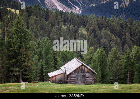 Kleine Hütte im Wald in der Nähe von Passo delle Erbe, Dolomiten Stockfoto