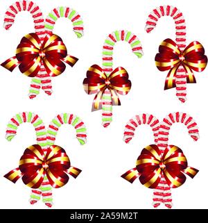 Sammlung von leckeren gestreifte Zuckerstangen mit roter Schleife, Weihnachten Süßigkeiten. Stock Vektor