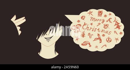 Emo Kid mit Finger Pistole und Weihnachten Symbole aus dem Kopf im Gespräch Blase kommen. Stock Vektor