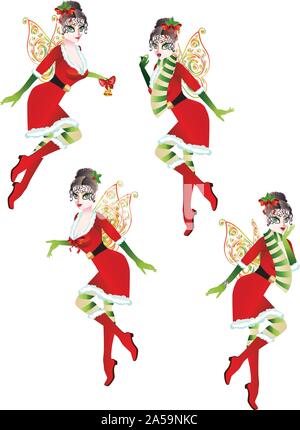 Cartoon Mädchen mit Santa elf Outfit mit fairy Wings. Stock Vektor