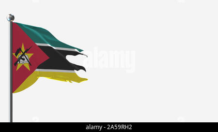 Mosambik 3 D tattered wehende Flagge Abbildung auf der Fahnenstange. Perfekt für Hintergrund mit Platz auf der rechten Seite. Stockfoto