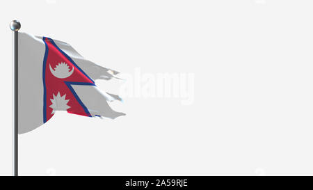 Nepal 3 D tattered wehende Flagge Abbildung auf der Fahnenstange. Perfekt für Hintergrund mit Platz auf der rechten Seite. Stockfoto