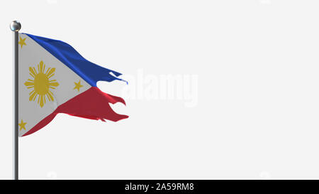 Philippinen 3 D tattered wehende Flagge Abbildung auf der Fahnenstange. Perfekt für Hintergrund mit Platz auf der rechten Seite. Stockfoto
