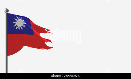 Taiwan 3D tattered wehende Flagge Abbildung auf der Fahnenstange. Perfekt für Hintergrund mit Platz auf der rechten Seite. Stockfoto
