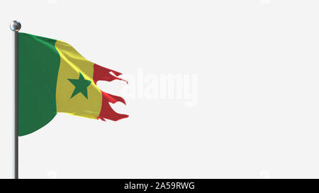 Senegal 3 D tattered wehende Flagge Abbildung auf der Fahnenstange. Perfekt für Hintergrund mit Platz auf der rechten Seite. Stockfoto