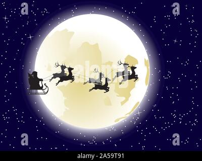 Cartoon Santa Claus silhouette Schlittenfahren mit stilisierten Rehe vor dem Vollmond. Stock Vektor