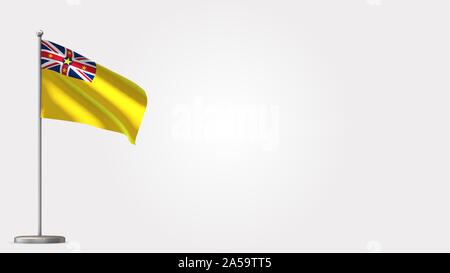 Niue 3D wehende Flagge Abbildung auf der Fahnenstange. Perfekt für Hintergrund mit Platz auf der rechten Seite. Stockfoto