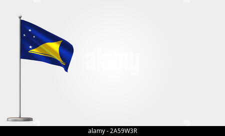 Tokelau 3D wehende Flagge Abbildung auf der Fahnenstange. Perfekt für Hintergrund mit Platz auf der rechten Seite. Stockfoto