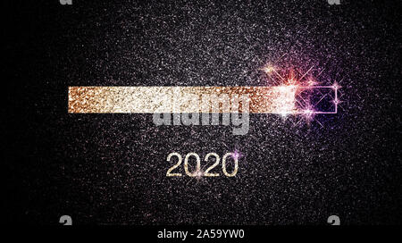 Fortschrittsbalken von 2020 Silvester mit festlich funkelnden Lichtern und Sternen auf dunkle Nacht Hintergrund Stockfoto