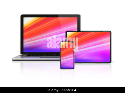 Laptop, Tablet-PC und Telefon ein Mockup auf weißem Hintergrund mit bunten Bildern isoliert. 3D-Rendering Stockfoto