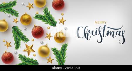 Weihnachten Grusskarten, vector Hintergrund. Gold und Red christmas Ball und Zweig Tanne. Metallic Gold und Silber Weihnachten Schneeflocke. Hand gezeichnet Stock Vektor