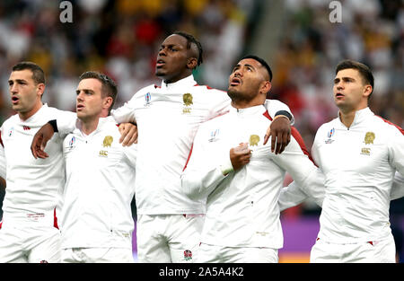 England's Ben Youngs (rechts), Manu Tuilagi, Maro Itoje und George Ford vor der 2019 Rugby WM-Viertelfinale Spiel im Stadion, Oita Oita, Japan. Stockfoto