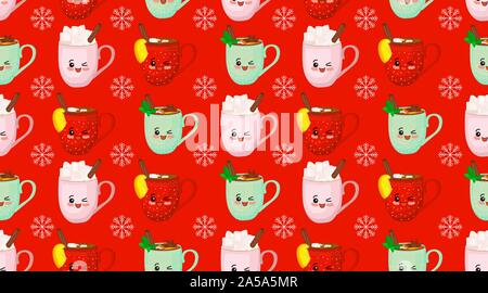 Nahtlose weihnachten Muster. Cute Zeichen für das Neue Jahr. Weihnachtsschmuck. Winter Getränke. Roten Hintergrund. Cartoon Schale. Stock Vektor