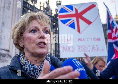 Die Mitglieder des Parlaments sitzen auf ein Wochenende zum ersten Mal seit April 1982 zur Debatte über Premierminister Boris Johnson's Brexit beschäftigen und abstimmen. Die Demonstranten versammelten sich vor. MP Anna Soubry mit No Deal Plakat Stockfoto