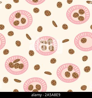 Die nahtlose Vektor Muster mit rosa Platten und Milk Chocolate Chip Cookies auf einen hellen Hintergrund Stock Vektor