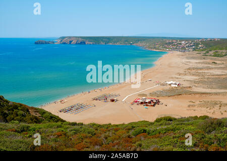 Die goldenen Sand der Spiaggia di Torre dei Corsari/Torre dei Corsari Strand an der Costa Verde Küste, Westen Sardinien, Italien Europa Stockfoto