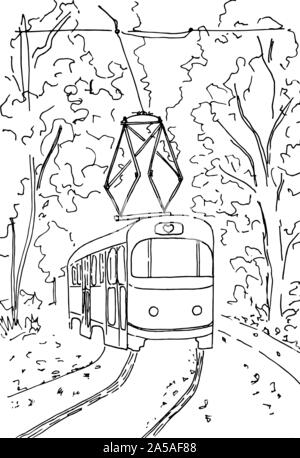 Die Retro-Straßenbahn fährt entlang der Strecke durch den Herbstwald. Handgezeichnete Straßenbahn. Skizze. Vektor, Illustration. Stock Vektor