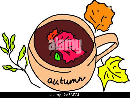 Tasse Tee oder Kaffee und Herbstblätter. Vektor, Illustration. Stock Vektor