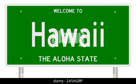Rendering von einem grünen 3d Autobahn Zeichen für Hawaii Stockfoto