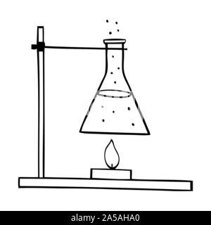 Schwarze und weiße Vector Illustration von Lab Kolben mit Flamme Stock Vektor