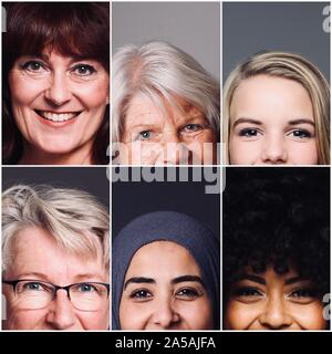 Gruppe von sechs schönen Multirassischen macht Frauen zusammen Stockfoto