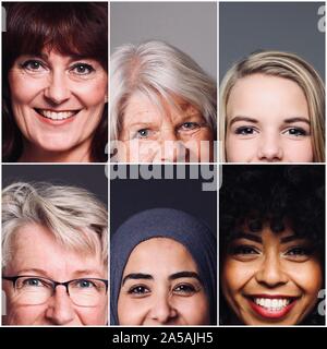 Gruppe von sechs schönen Multirassischen macht Frauen zusammen Stockfoto