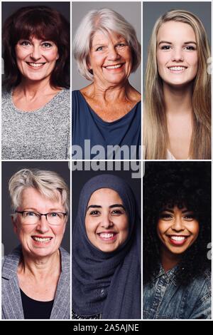 Gruppe von sechs schönen Multirassischen macht Frauen zusammen Stockfoto