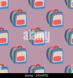 Cartoon Illustration mit nahtloser Muster mit bunten Rucksack auf violette Hintergrund für Print Design. Modernes, farbenfrohes Flachbild Dekoration Vektor Elemente. Stock Vektor