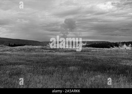 Kalter Tag, grasbewachsenen Felder mit Ausbrechenden Geysir und die Berge bei bewölktem Himmel. Stockfoto