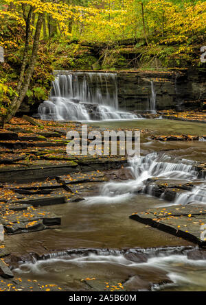 Wasserfälle auf einer ruhigen Stream in Fillmore Glen Stae Park im Herbst in Mähren, New York. Stockfoto