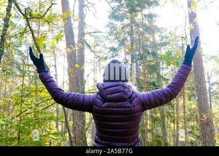 Frau ihre Hände als Natur umfasst. Ecotherapy Therapie Konzept. Ansicht der Rückseite des Weiblichen im Herbst Wald. Stockfoto