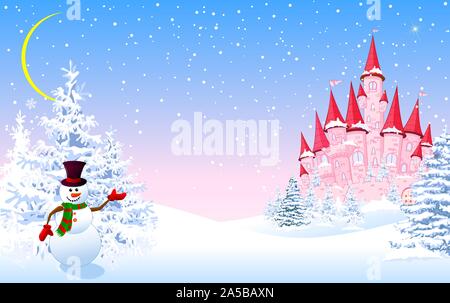 Cartoon rosa Schloss und ein Schneemann auf dem Hintergrund einer Winter schneebedeckten Wald. Winterlandschaft mit einem rosa Schloss. Stock Vektor