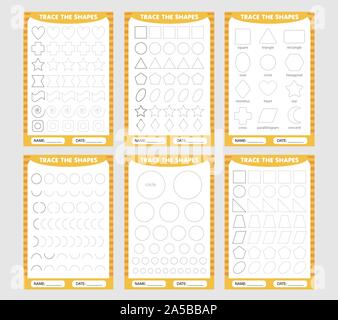 Einfache Lektion zahlen. gelb Set von Trace die geometrischen Formen um die Kontur. lernen für Kinder, Zeichnung Aufgaben. Stock Vektor