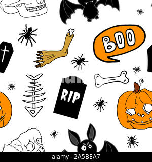 Halloween festliche nahtlose Muster. Weiße endlose Hintergrund mit Kürbissen, Schädel, Fledermäuse, Spinnen, Knochen und Sprechblase mit Buh. Stockfoto