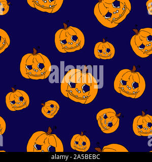 Kürbis nahtlose Muster auf dunkelblauem Hintergrund. Orange Kürbis Hintergrund für Harvest Festival oder Thanksgiving Day. Halloween orange wiederholen Drucken Stockfoto