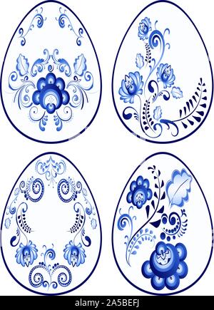 Dekorative Ostereier Icon Set in der Folk floralen Ornament der blauen Farbe dekoriert. Stock Vektor