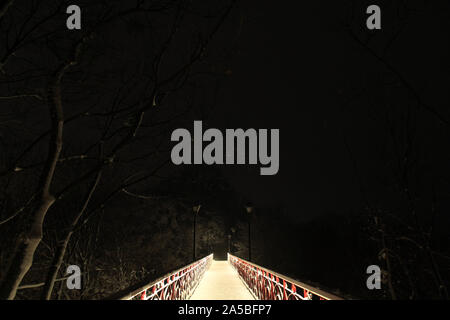 Kiew, Ukraine - Dezember 14, 2018: Die Brücke in der Nacht. Lover's Bridge in Kiew, Ukraine. Die Fußgängerbrücke unter der Nachtbeleuchtung Stockfoto